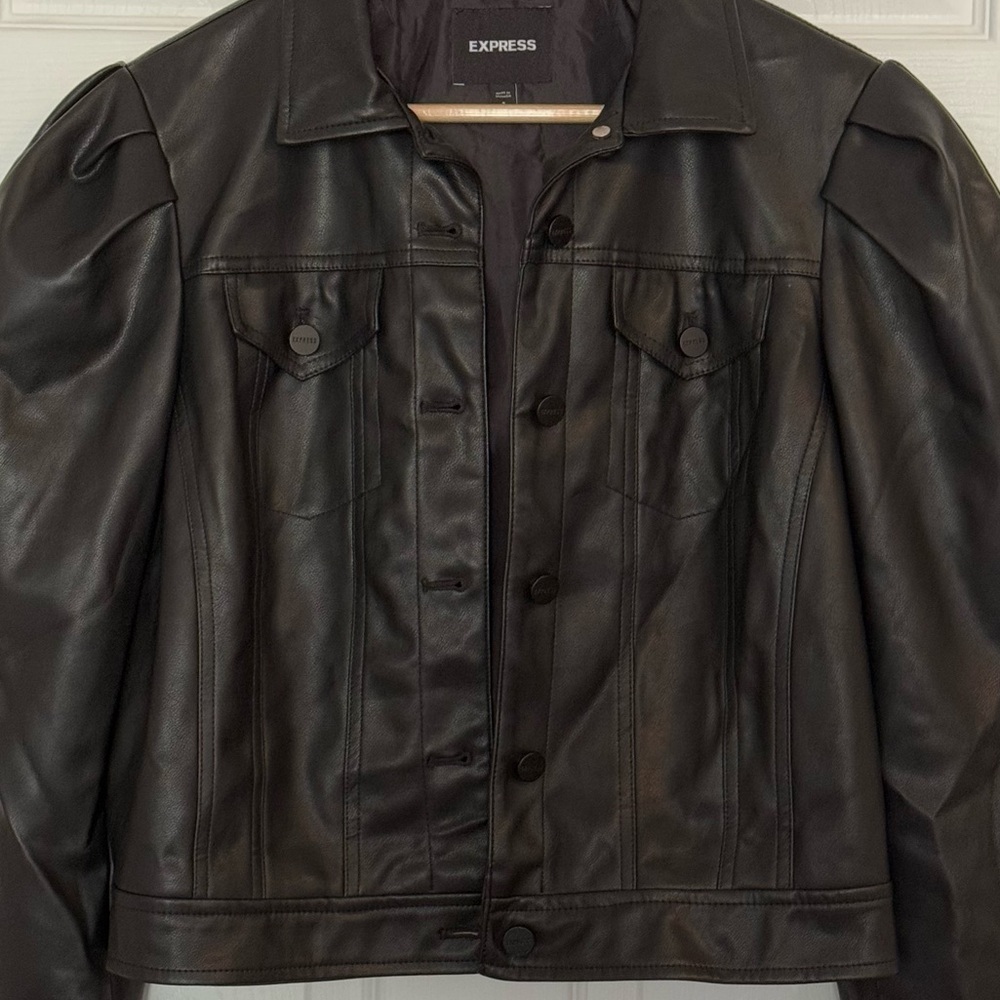 Express Black Faux Leather Puff Sleeve Jacket Small - Picture 6 of 8